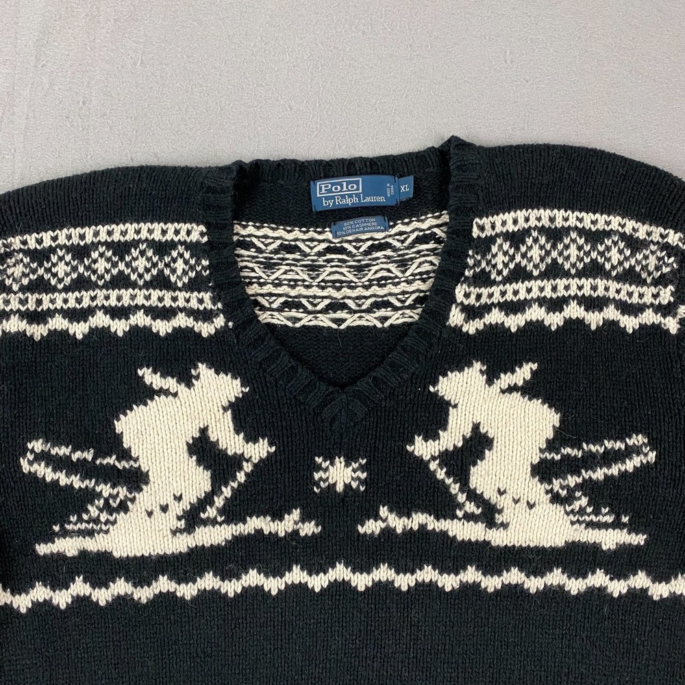 90's Polo Ralph Lauren Cashmere Ski Knit Sweter V Neck Vintage Fits Large - Picture 2 of 13